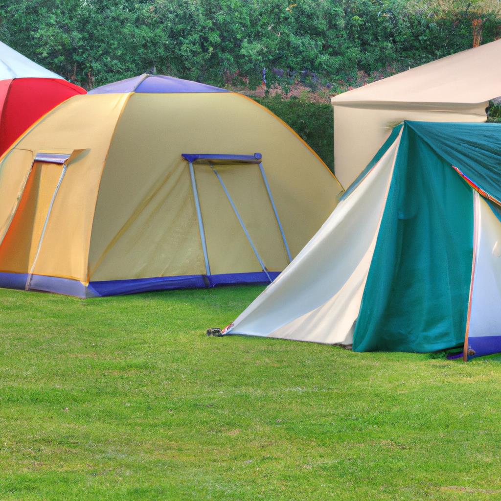 A tenting and camping site surrounded by tall trees, with a crackling campfire and cozy tents set up. The sun is setting in the background, casting a warm glow over the peaceful scene as people enjoy the great outdoors.