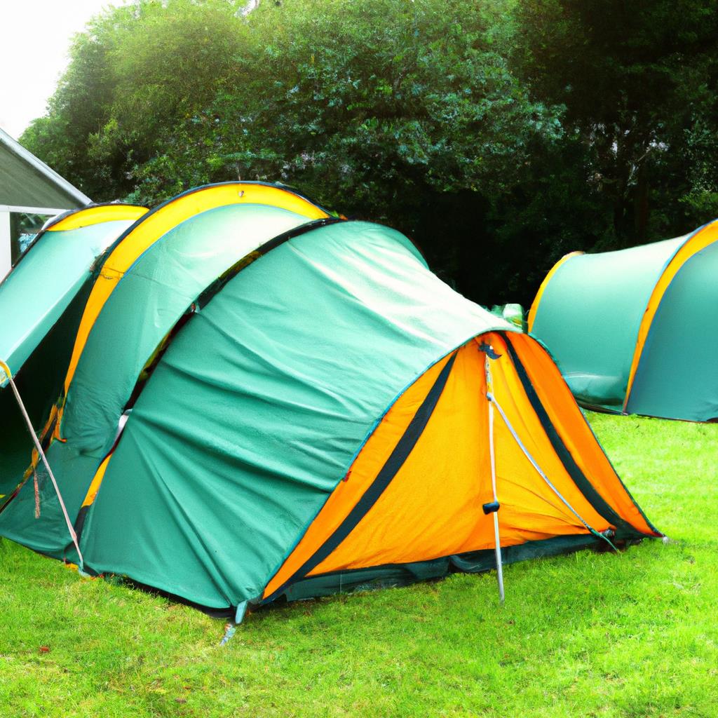 Tent pitched on green meadow with mountain backdrop, campfire smoking, family roasting marshmallows, glowing lanterns hanging in the trees, cozy sleeping bags inside the tent, stars twinkling in the dark sky, peaceful and serene atmosphere for a camping adventure.