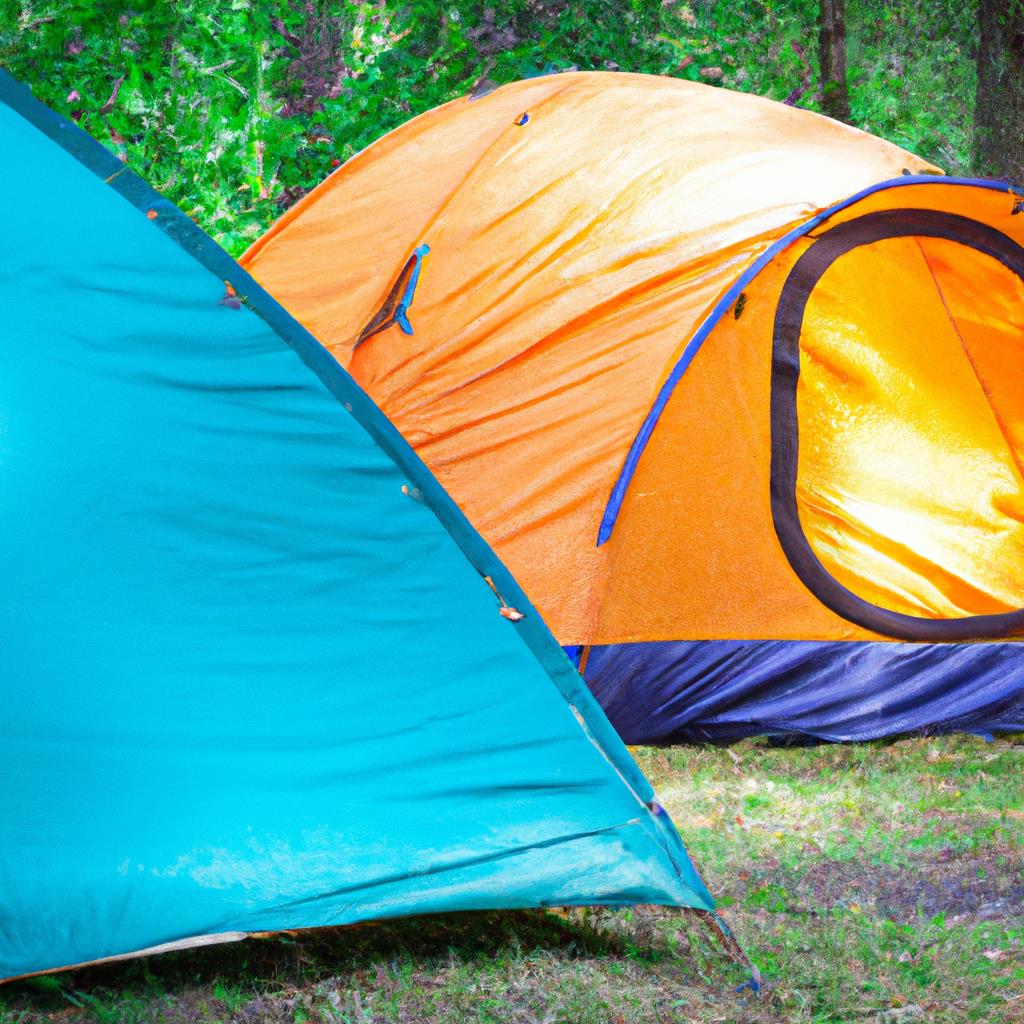 A spacious tenting and camping site tucked away in the forest. Surrounded by towering trees and a tranquil stream. Bright sunlight filters through the leaves, casting dappled shadows on the grassy ground. A perfect spot for a nature getaway.