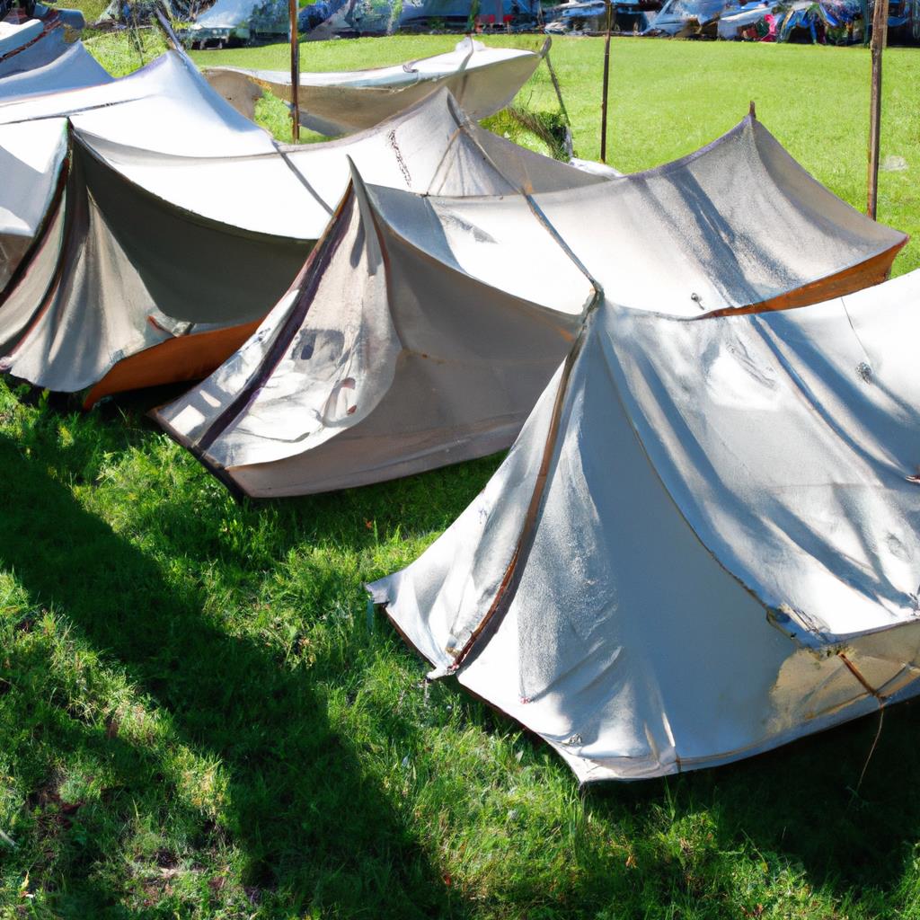 A tenting and camping site surrounded by tall trees, with a cozy campfire burning in the center. In the distance, a clear stream flows peacefully, and the sun sets behind the mountains, casting a warm orange glow over the scene.