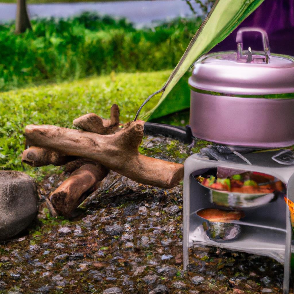 A peaceful campsite surrounded by trees, with a tent set up and a bonfire burning. The sun is setting in the background, casting a warm glow over the scene. A sense of tranquility and adventure in the great outdoors.