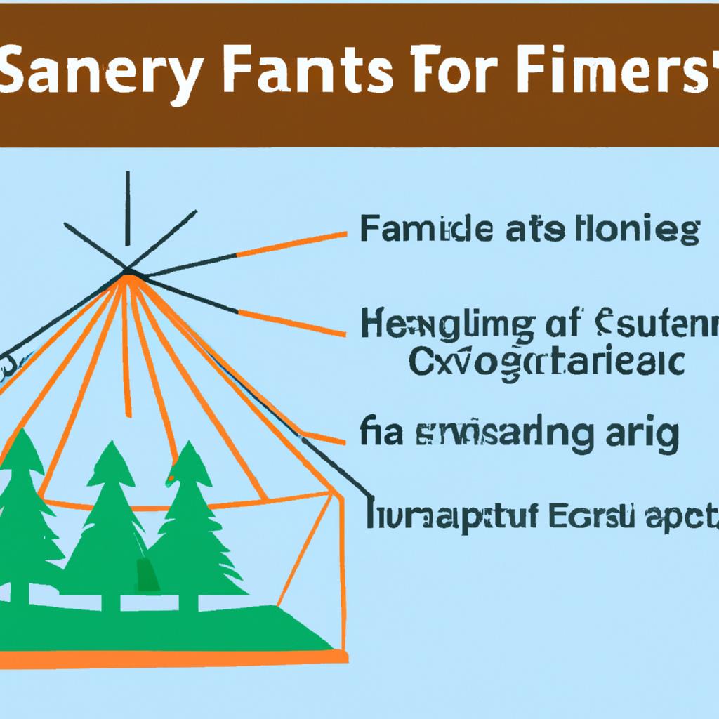 Tenting and Camping Site: A serene image of a campsite surrounded by tall trees with tents pitched on lush green grass. A small campfire burns in the center while the sun sets in the background, casting a warm glow over the scene.