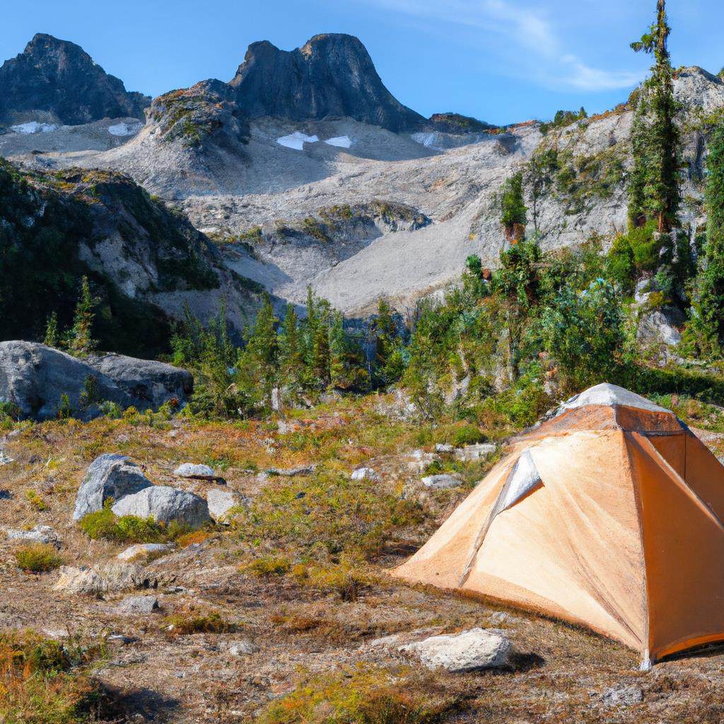 A tenting and camping site with a roaring fire, colorful tents, and a serene lake in the background. Campers sitting around the fire roasting marshmallows and enjoying the outdoors. The sun setting behind the mountains, casting a warm glow over the scene.