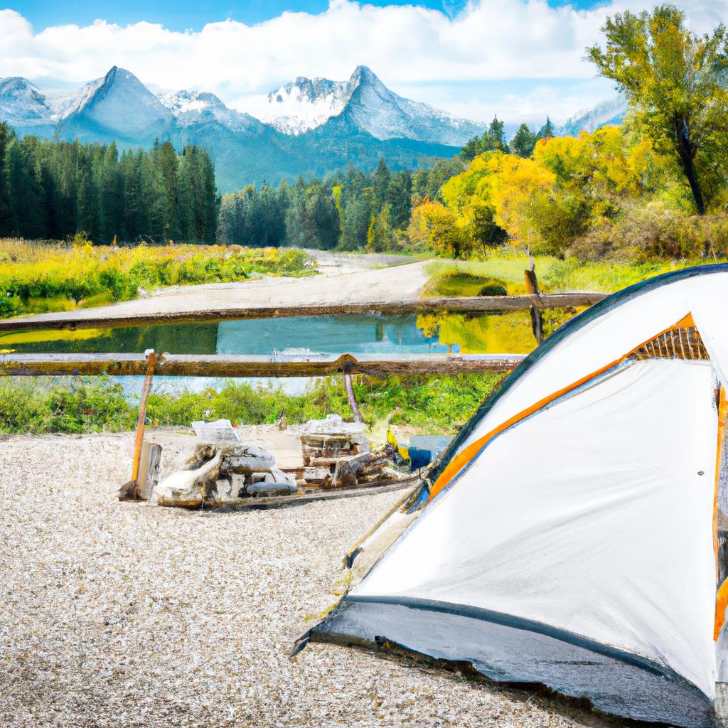 A tent sits pitched on the grassy ground next to a campfire, surrounded by tall trees and a clear blue sky. A rustic camping site with outdoor chairs, lanterns, and a cozy sleeping bag, perfect for a peaceful night under the stars.