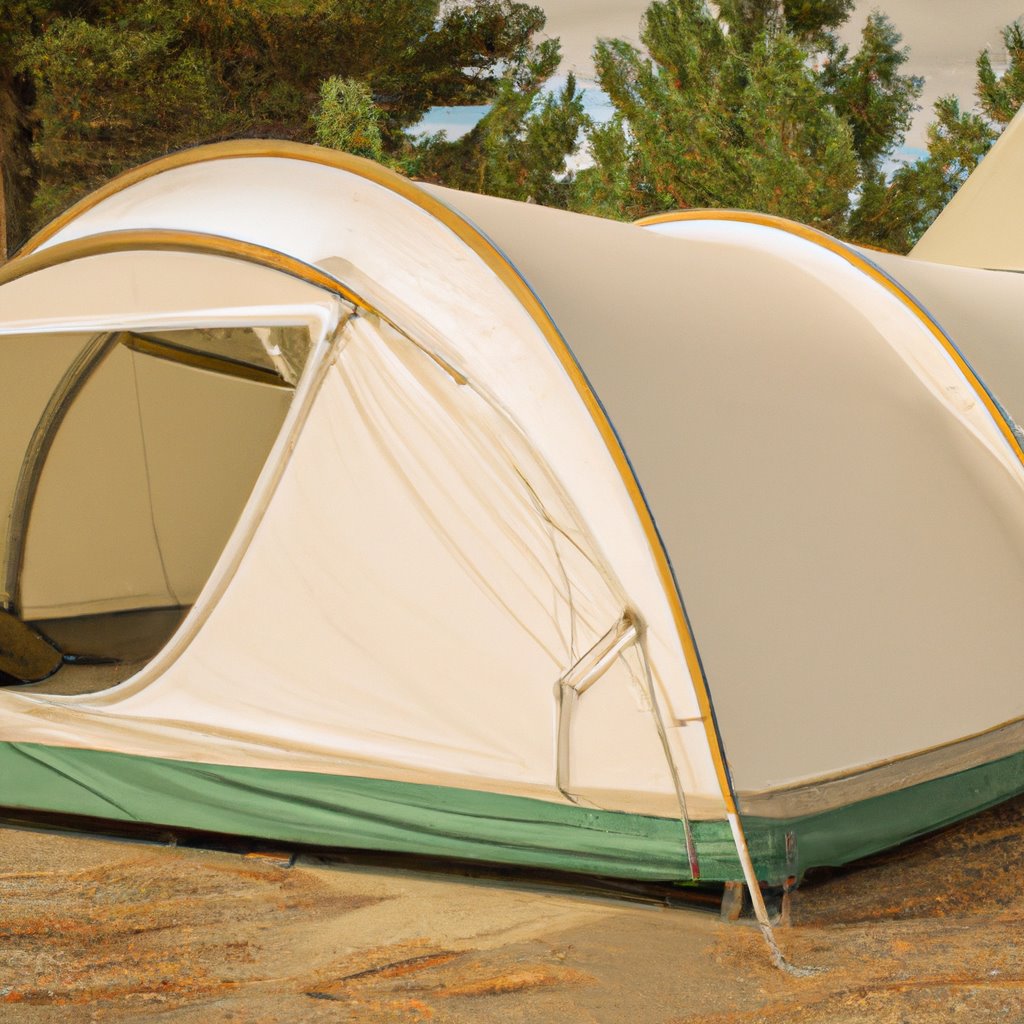 Large canvas tent pitched in a forest clearing, with a crackling campfire nearby. Outdoor chairs and a lantern are set up around the site. Backpacks and hiking gear scattered about. Peaceful nature retreat.