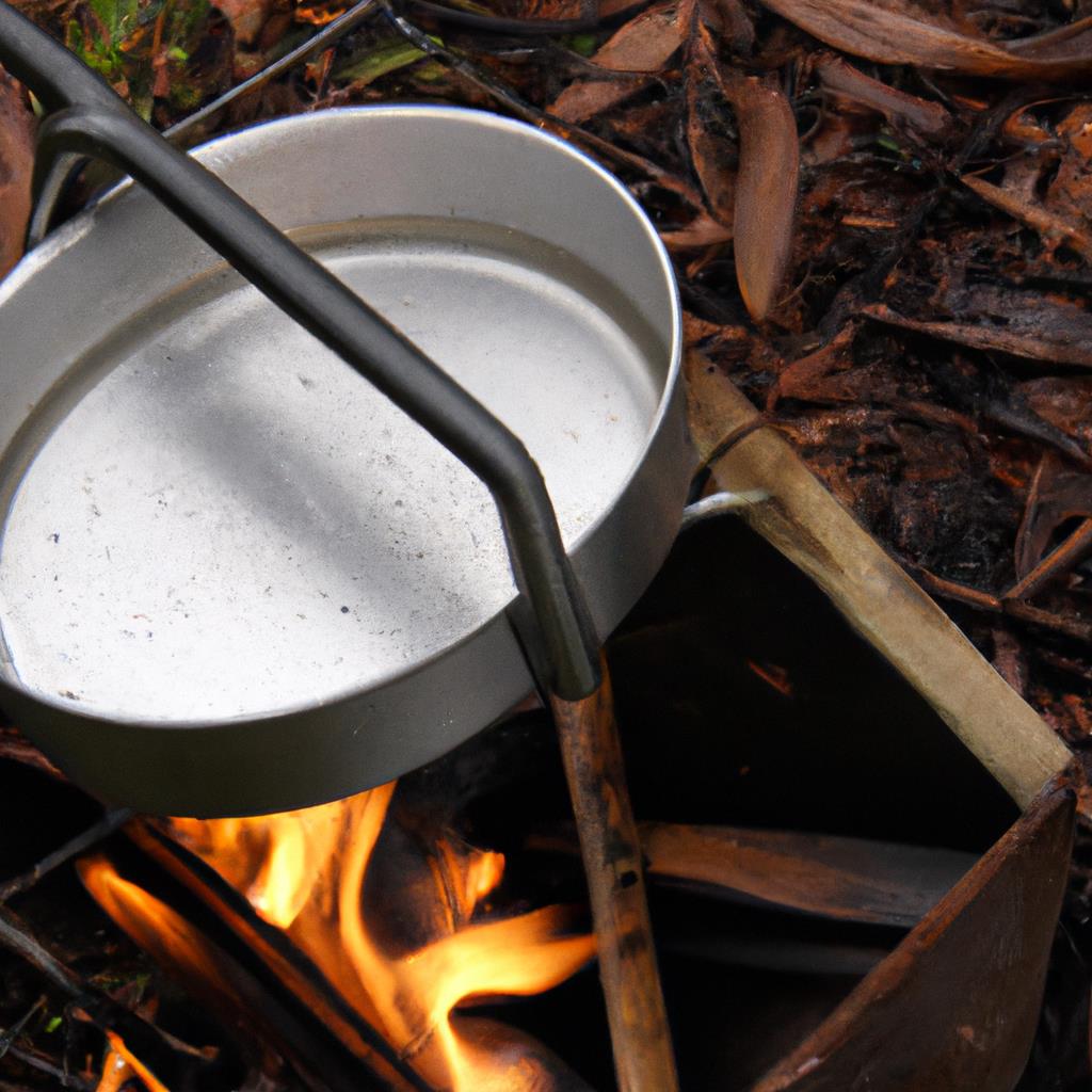 A tenting and camping site with a roaring campfire, surrounded by lush green trees and a starry night sky overhead. Campers cooking over the fire and enjoying the great outdoors with tents pitched in the background.