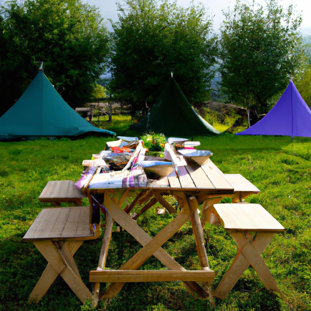 A peaceful campsite nestled in the woods, with a flickering campfire and a cozy tent set up under the stars. Trees sway gently in the breeze, casting shadows on the rustic picnic table. The perfect spot for a weekend getaway.