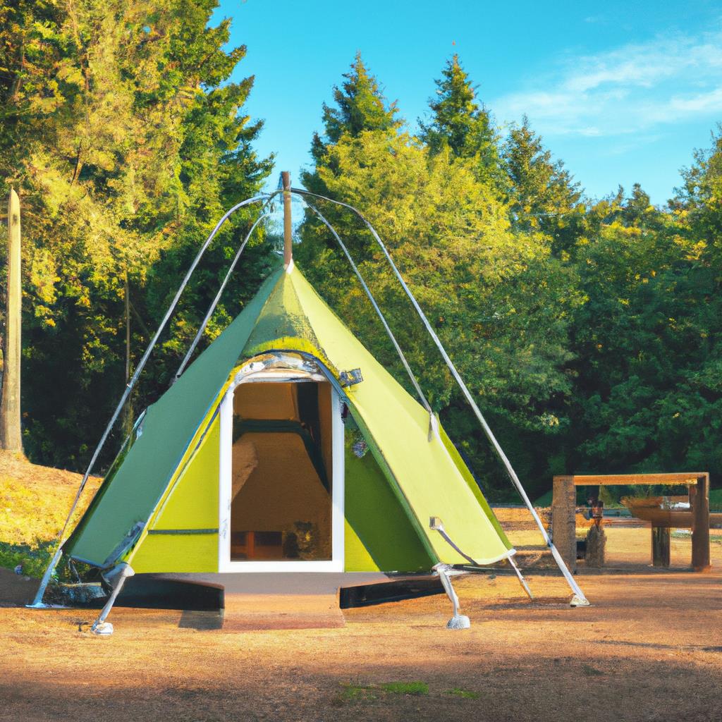 A_tenting_and_camping_site_with_colorful_tents_set_up_amongst_lush_trees_and_a_crackling_campfire_burning_brightly_in_the_center_under_a_starry_night_sky_with_a_glowing_moon,_offering_a_peaceful_and_scenic_escape_into_the_great_outdoors.