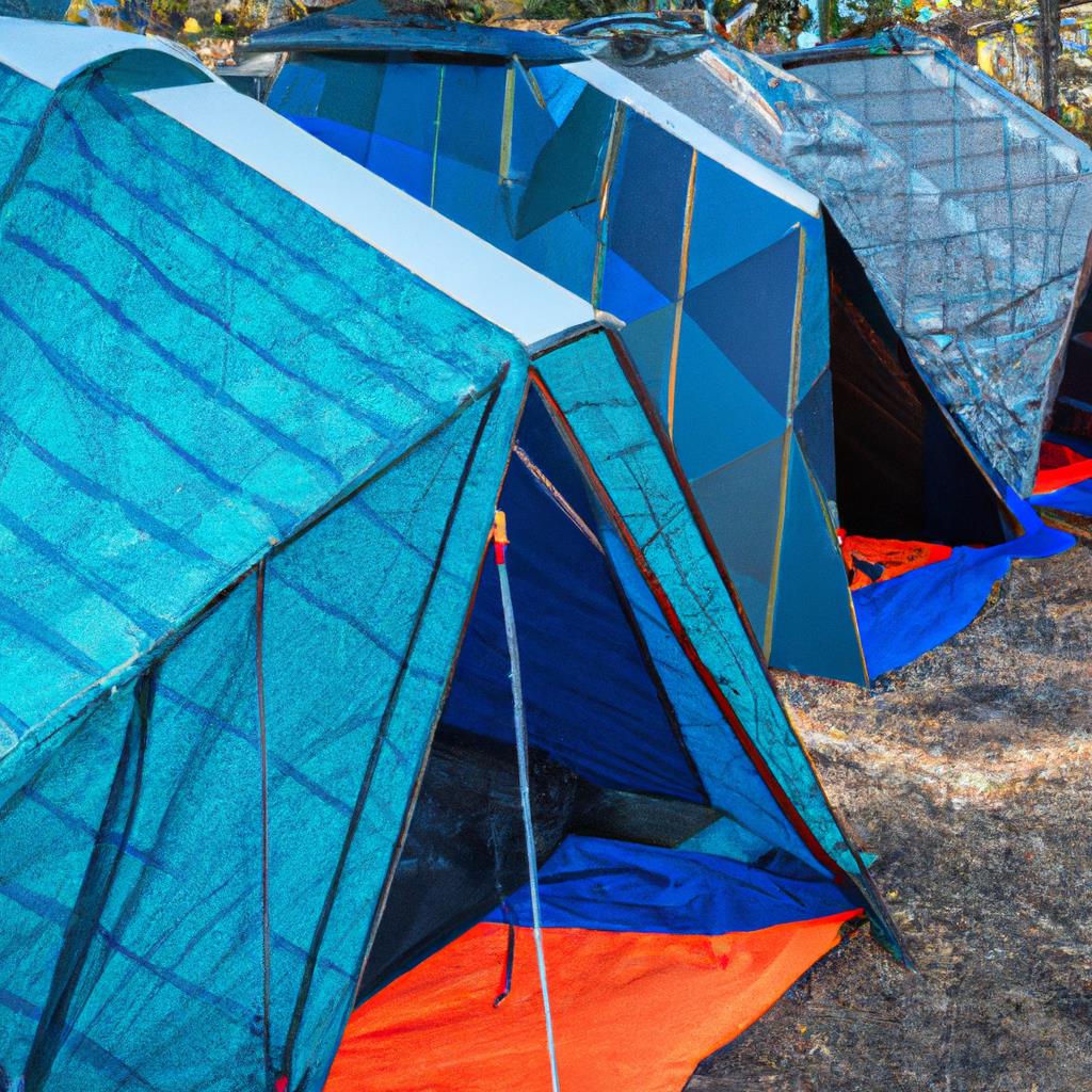 A tenting and camping site located in the wilderness. A serene landscape with trees, a river, and a campfire. Tents set up in the clearing, with people sitting around the fire and enjoying nature.