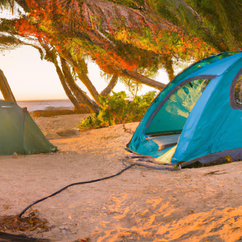 A wide open field with colorful tents pitched next to a crackling campfire. Trees in the background with the sun setting, casting a warm glow over the site. People laughing and roasting marshmallows, a peaceful outdoor retreat.