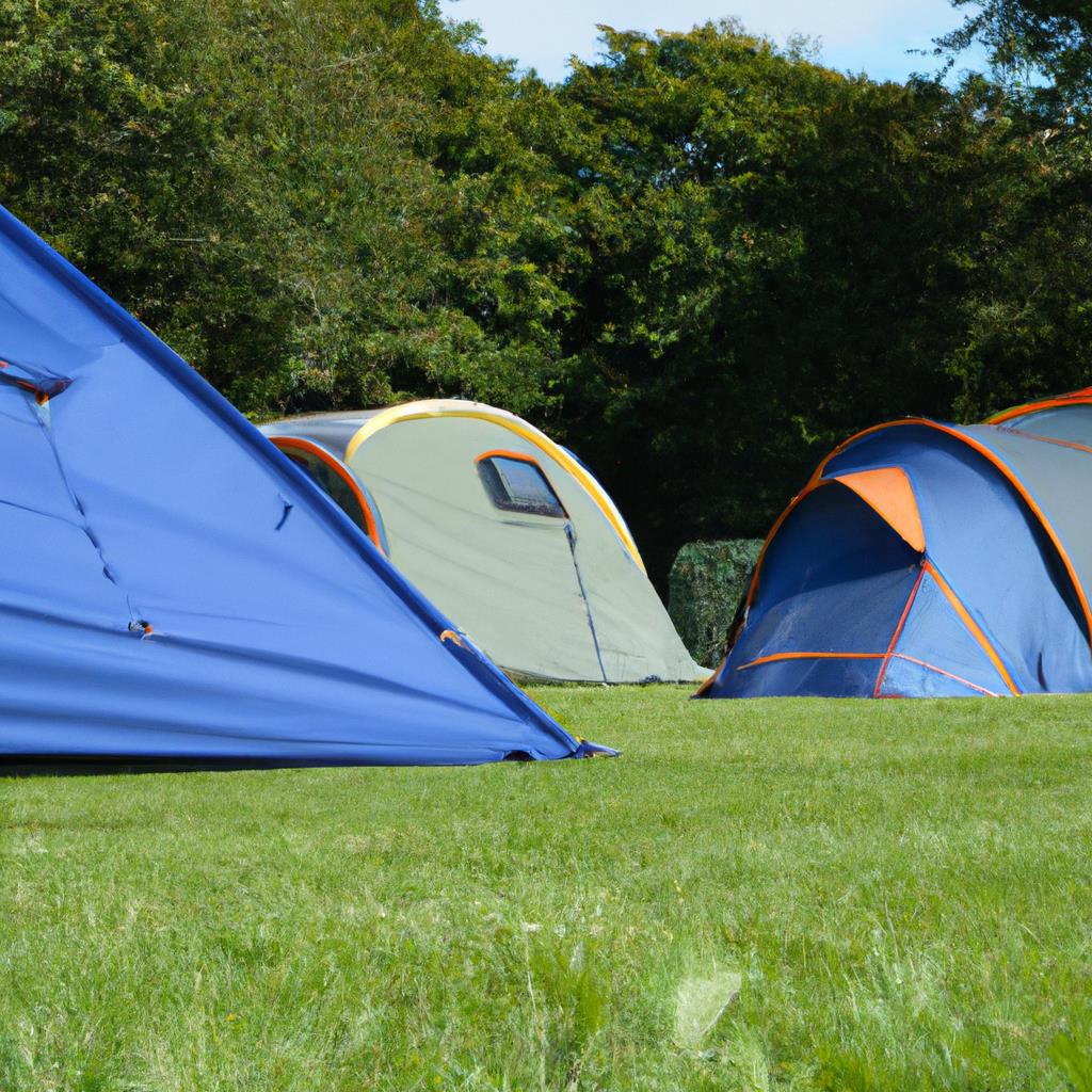 A wide open clearing in a dense forest, with a cozy tent set up in the center. The sun shines down through the trees, casting dappled light on the grassy ground. Colorful camping supplies are scattered around the site, inviting adventure.