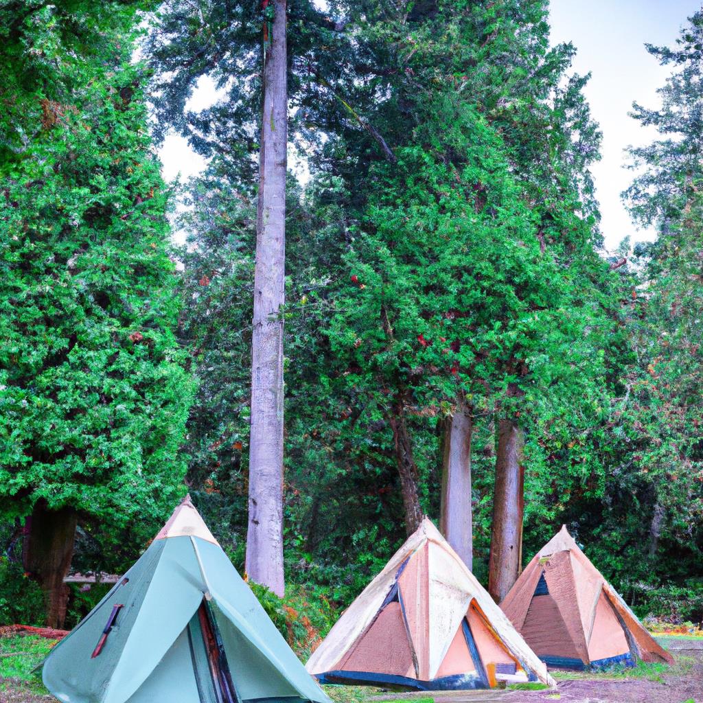 A group of colorful tents and camping gear sit on a grassy field surrounded by trees. The sunlight filters through the leaves, casting a warm glow on the scene. A small campfire burns in the center, with smoke rising into the sky.