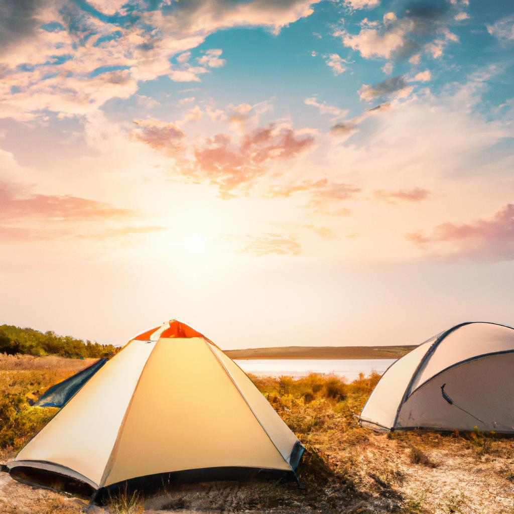 A quiet and peaceful campsite in the woods, with colorful tents pitched under the trees. A small fire pit with logs stacked nearby, and camping chairs scattered around. Nighttime stars shining above in the dark sky.