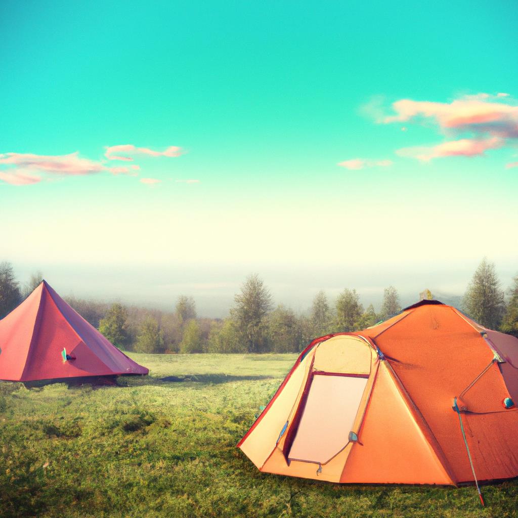 Two-person tent pitched in a lush green camping site with a campfire burning nearby. Trees and mountains in the background. Lantern hanging from a branch. Sleeping bags and backpacks scattered around the site. Morning dew on grass.