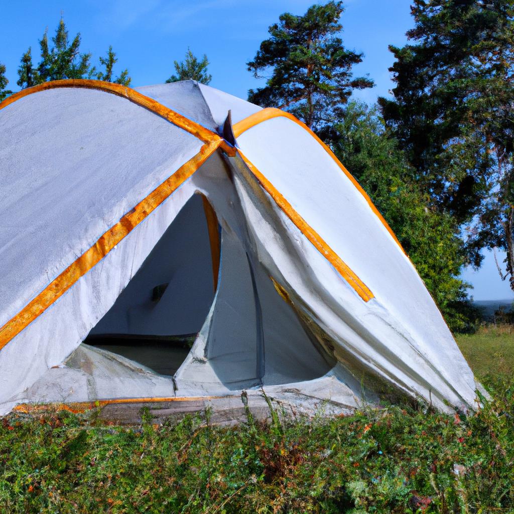 An ASCII image of a serene camping site with a tent pitched next to a crackling campfire under a starry sky, surrounded by towering trees and a tranquil river. The perfect location for outdoor adventurers seeking a peaceful escape into nature.