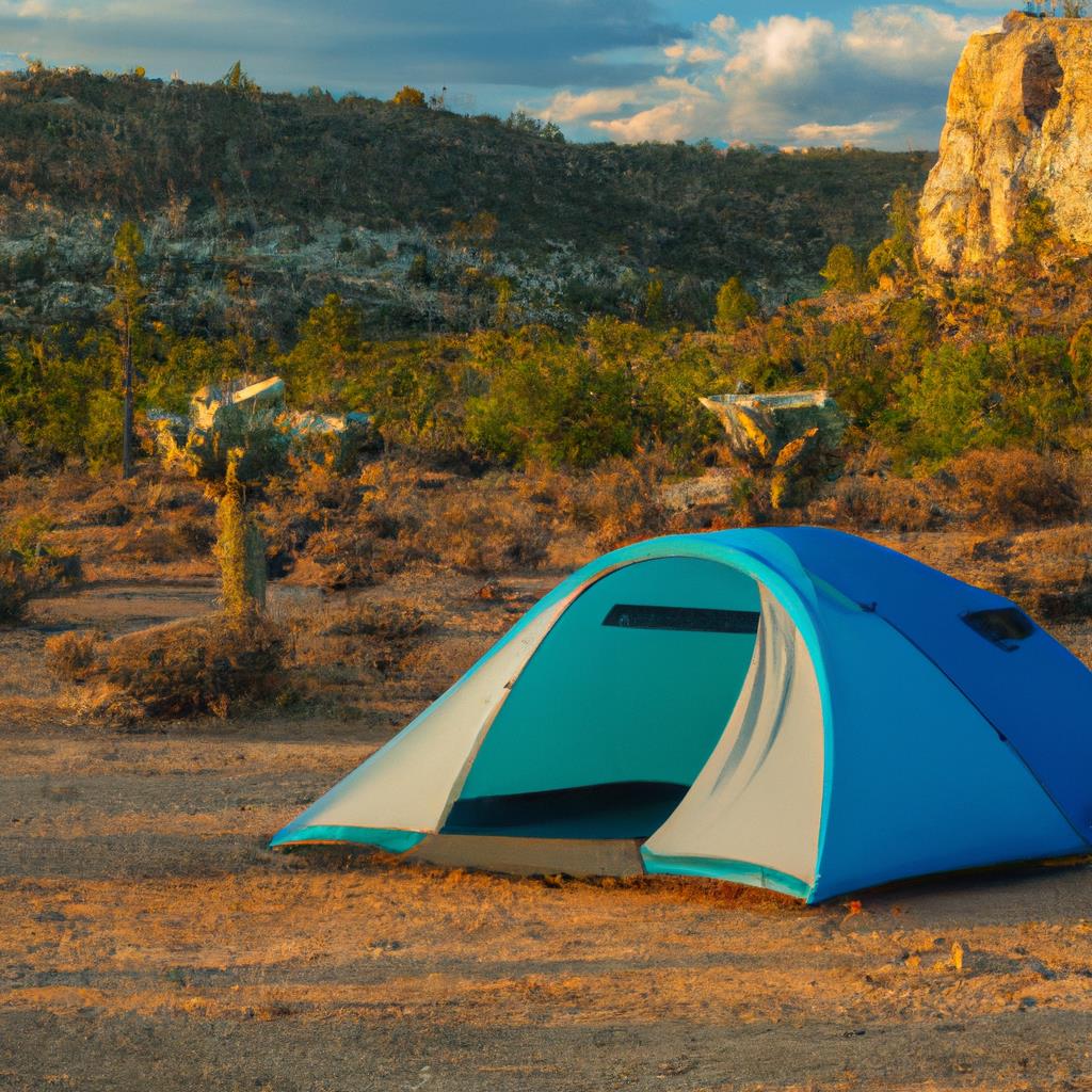 A tenting and camping site featuring a circle of colorful tents nestled among towering trees. The sun sets over the mountains in the background, casting a warm glow on the campfire flickering in the center of the site.