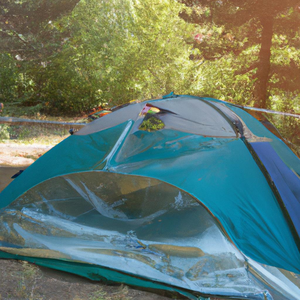 A large tent in a wooded area, surrounded by trees, with a campfire burning in front. A picnic table and chairs are set up nearby. Backpacks and camping gear are scattered around the site.