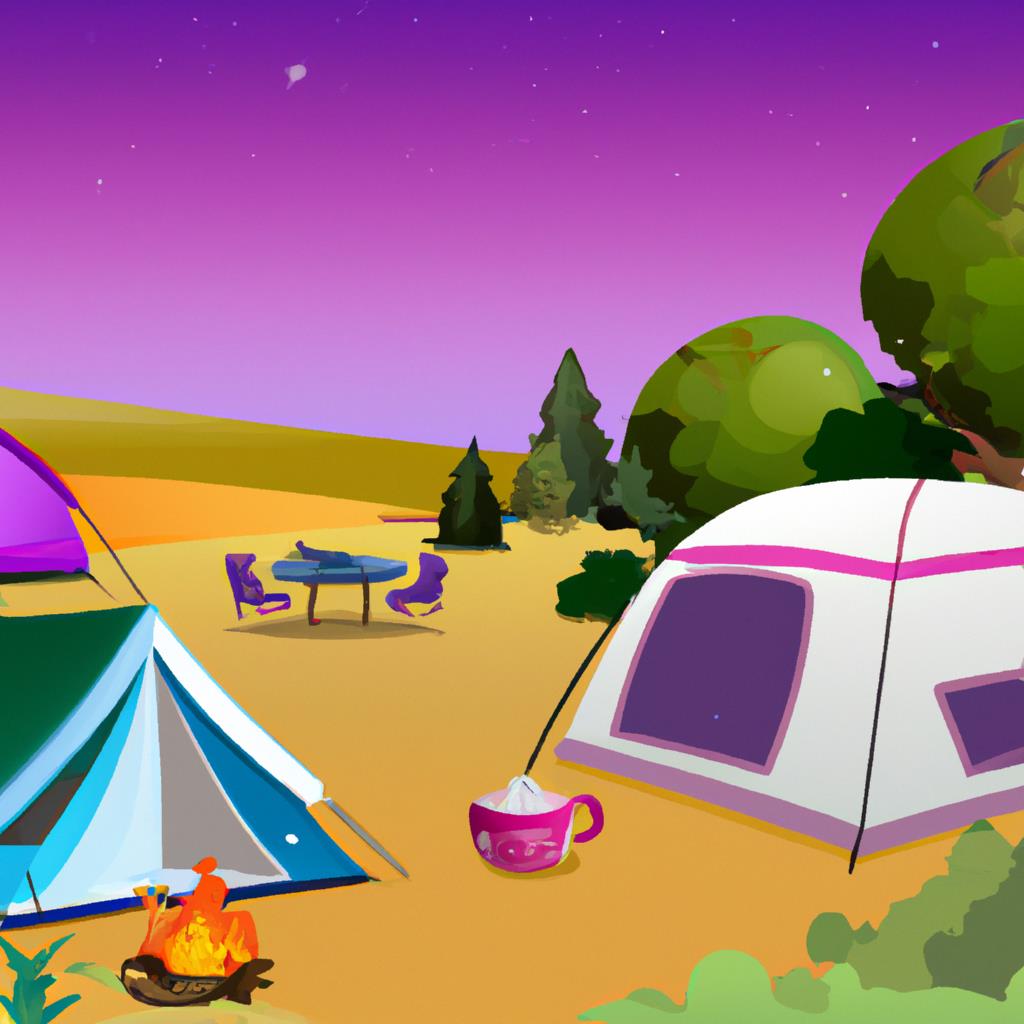 A_group_of_colorful_tents_set_up_in_a_forest_clearing_with_a_campfire_burning_beside_a_mountain_stream_nearby_surrounded_by_tall_trees_and_the_setting_sun_casting_a_golden_glow_over_the_scene_perfect_for_nature_lovers_and_outdoor_enthusiasts_to_escape_and_enjoy_the_great_outdoors.