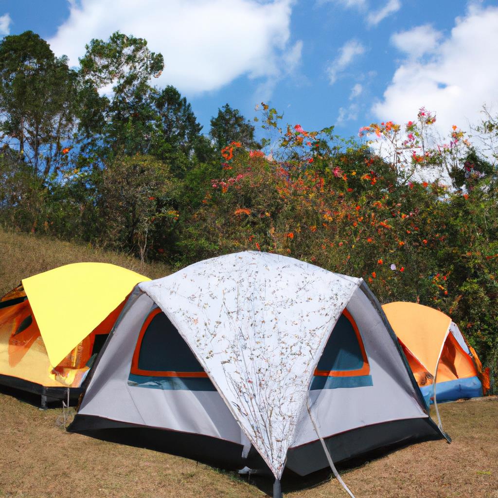 A tenting and camping site with a roaring campfire, cozy tents, and a starry night sky. Trees surrounding the area provide shade and a peaceful atmosphere. A river nearby offers the soothing sound of flowing water.