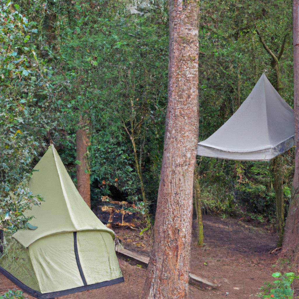 View of a serene tenting and camping site nestled among tall trees, with a warm campfire glowing in the center. Clear skies overhead with stars twinkling above. Tents pitched on green grass, peaceful and inviting atmosphere.