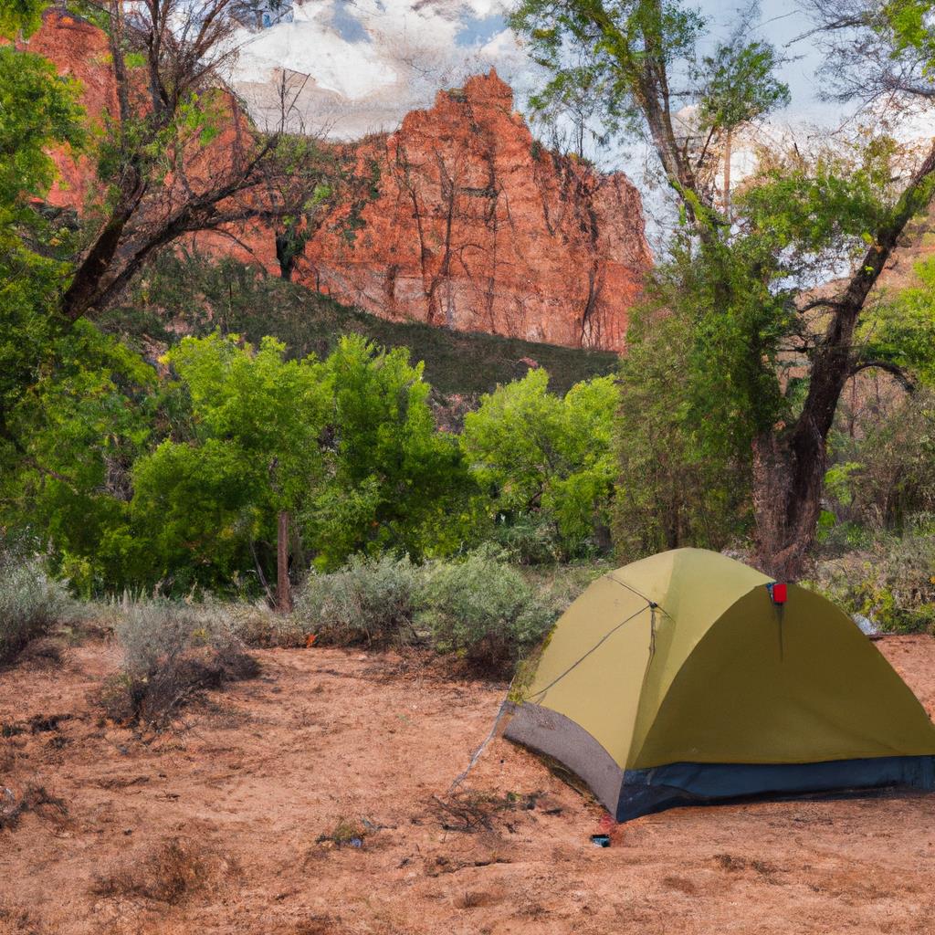 A forest clearing with a tent, campfire, and hiking gear. Smoke rises from the fire as a hiker sets up their tent under a starry sky. The site is surrounded by trees and mountains, offering a peaceful escape into nature.