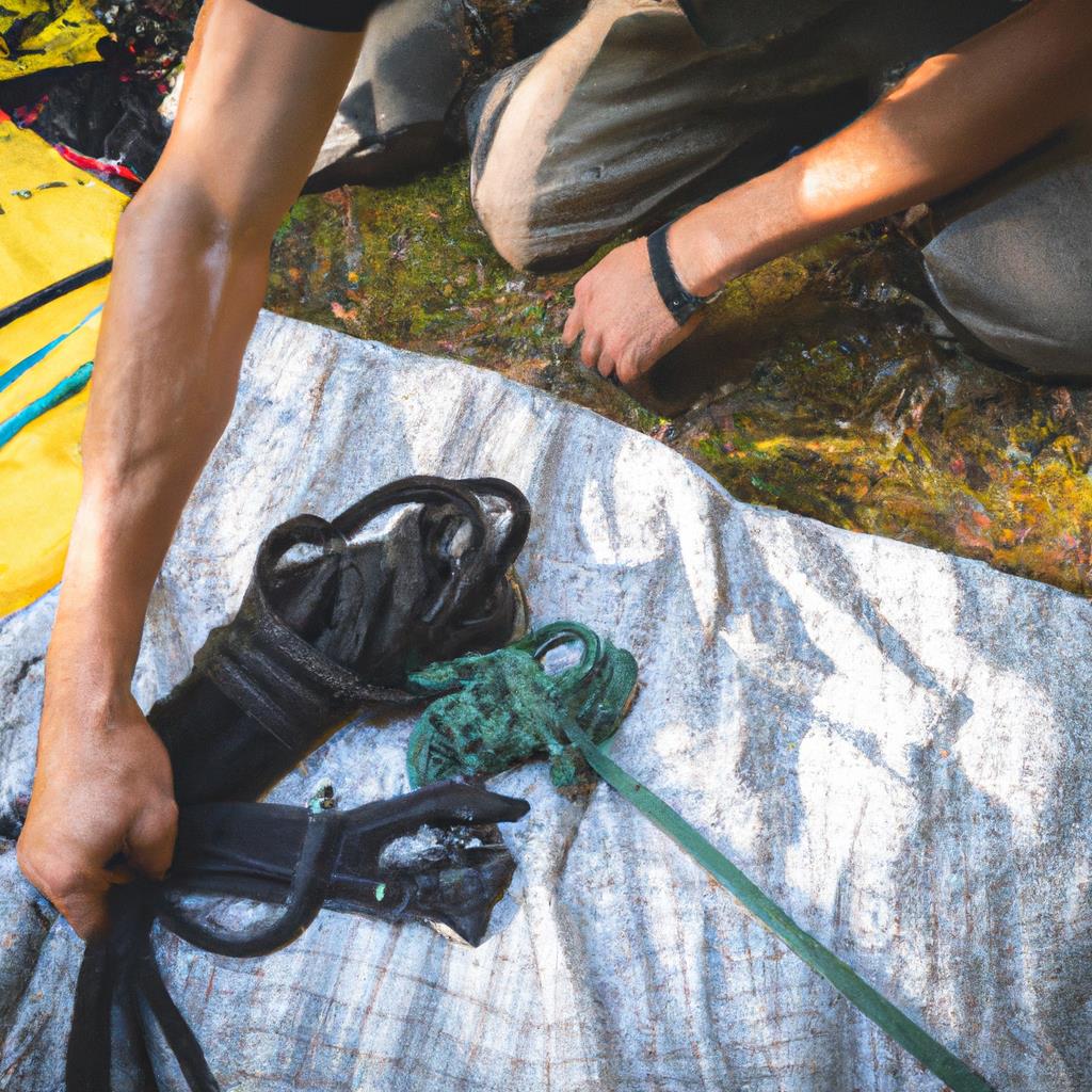 A tenting and camping site in the wilderness, with a clear blue sky above and green trees all around. A small campfire is surrounded by colorful tents, with happy campers roasting marshmallows and enjoying nature.