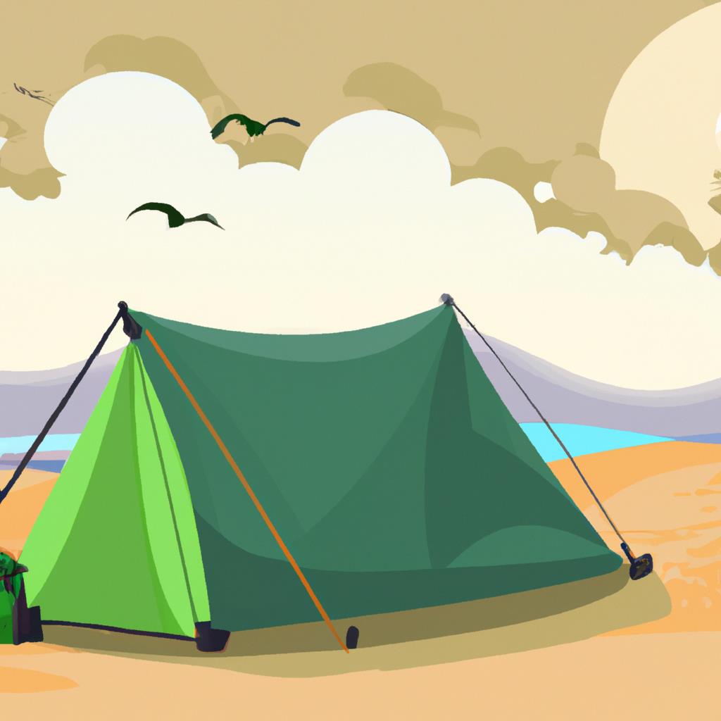 A tenting and camping site with lush green trees, a roaring campfire, and cozy tents scattered throughout the wilderness. The sky above is a deep shade of blue, with stars twinkling brightly, creating a peaceful and serene atmosphere for outdoor enthusiasts.