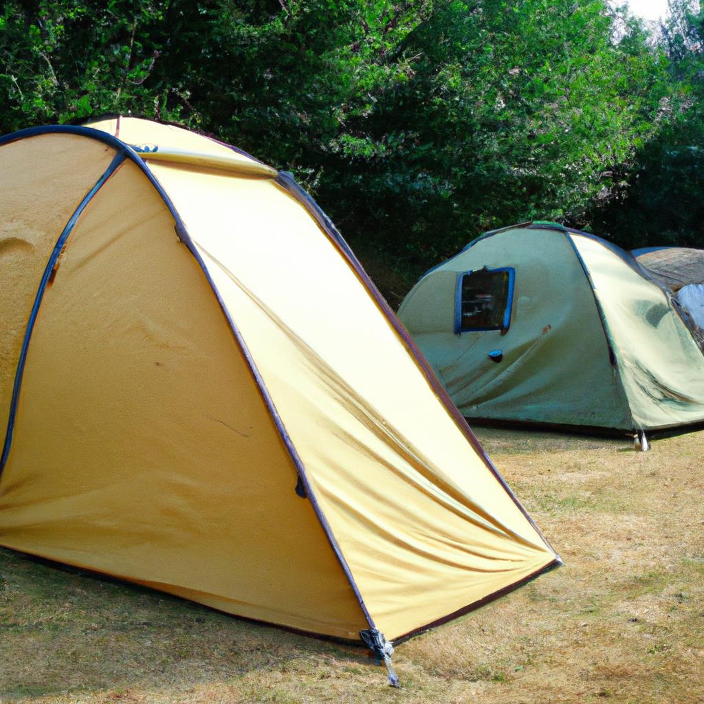 Group of colorful tents under a starry night sky, surrounded by towering trees and a roaring campfire. Campers sit around the fire, toasting marshmallows and sharing stories. Lanterns glow in the darkness, casting a warm and inviting light over the campsite.