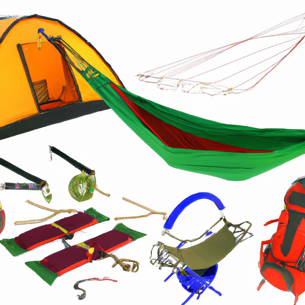 A tenting and camping site featuring colorful tents and campfires surrounded by lush forest trees in the great outdoors. Campers enjoying nature, cooking over a fire, and relaxing under the stars on a clear night.