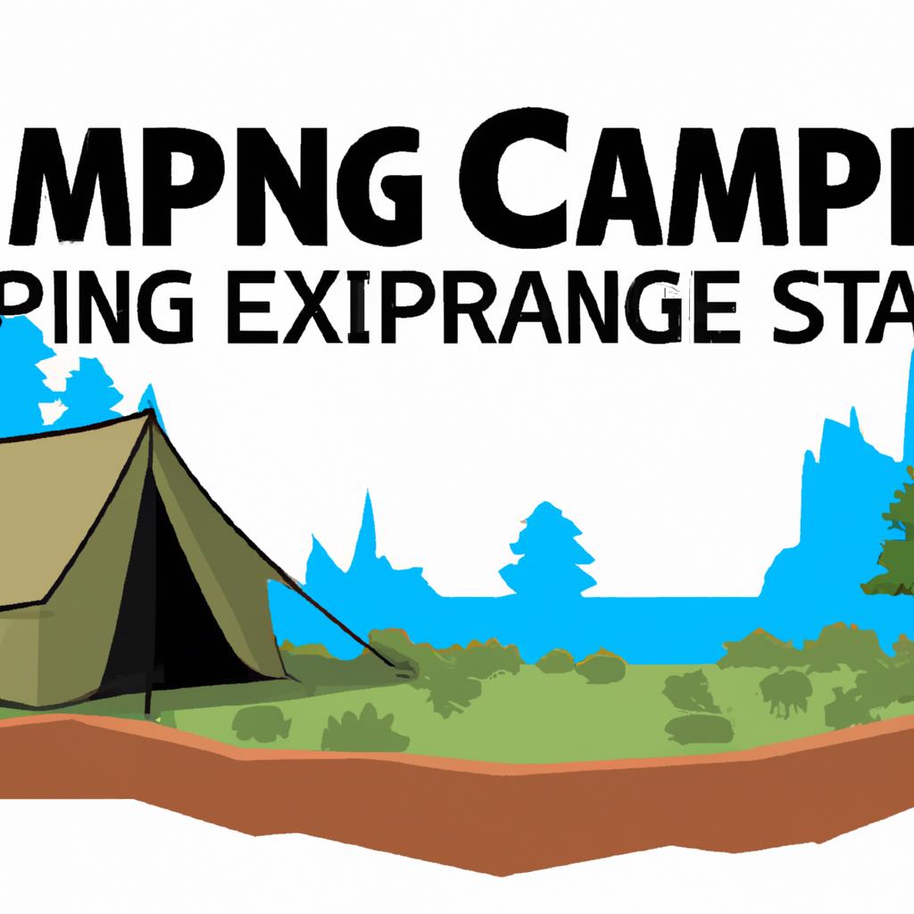 A tenting and camping site with lush green trees surrounding the area, a cozy campfire burning in the center, and colorful tents pitched along the grassy terrain. The sun setting in the background, creating a peaceful and serene atmosphere.