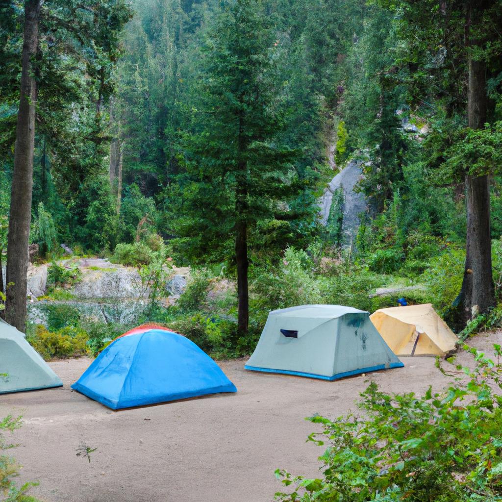 A tenting and camping site, nestled in the forest with a roaring campfire surrounded by tents and backpacks. A serene lake glistens in the background as campers gather around the fire, enjoying the peaceful outdoor experience.