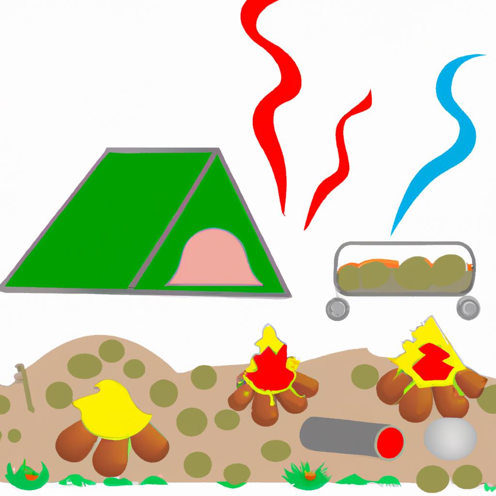 Two blue tents set up in a serene camping site surrounded by tall trees and a bonfire in the center. A peaceful escape into nature with the sounds of crickets and the crackling of the fire.