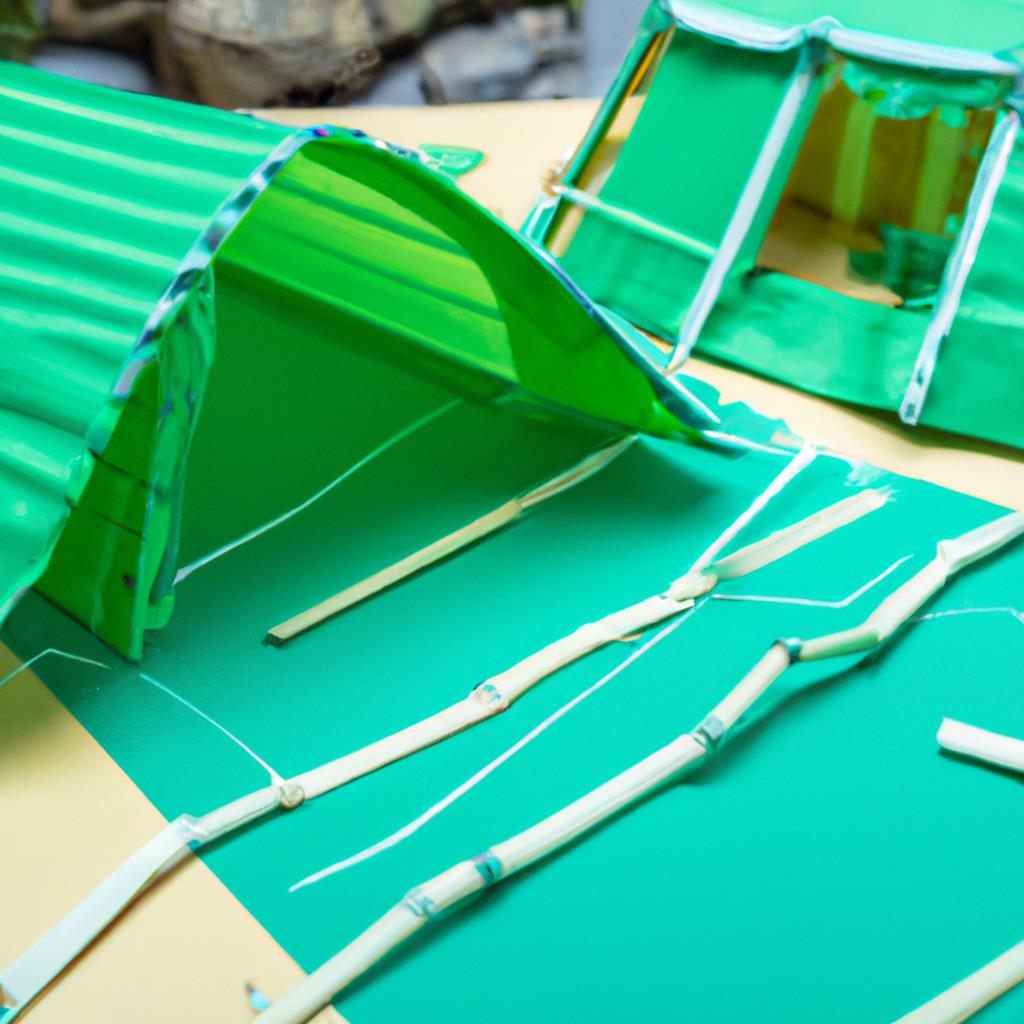 A simple tent set up in a lush green campground surrounded by tall trees. Smoke rises from a nearby campfire as the sun sets gently in the background, casting a warm glow on the scene.