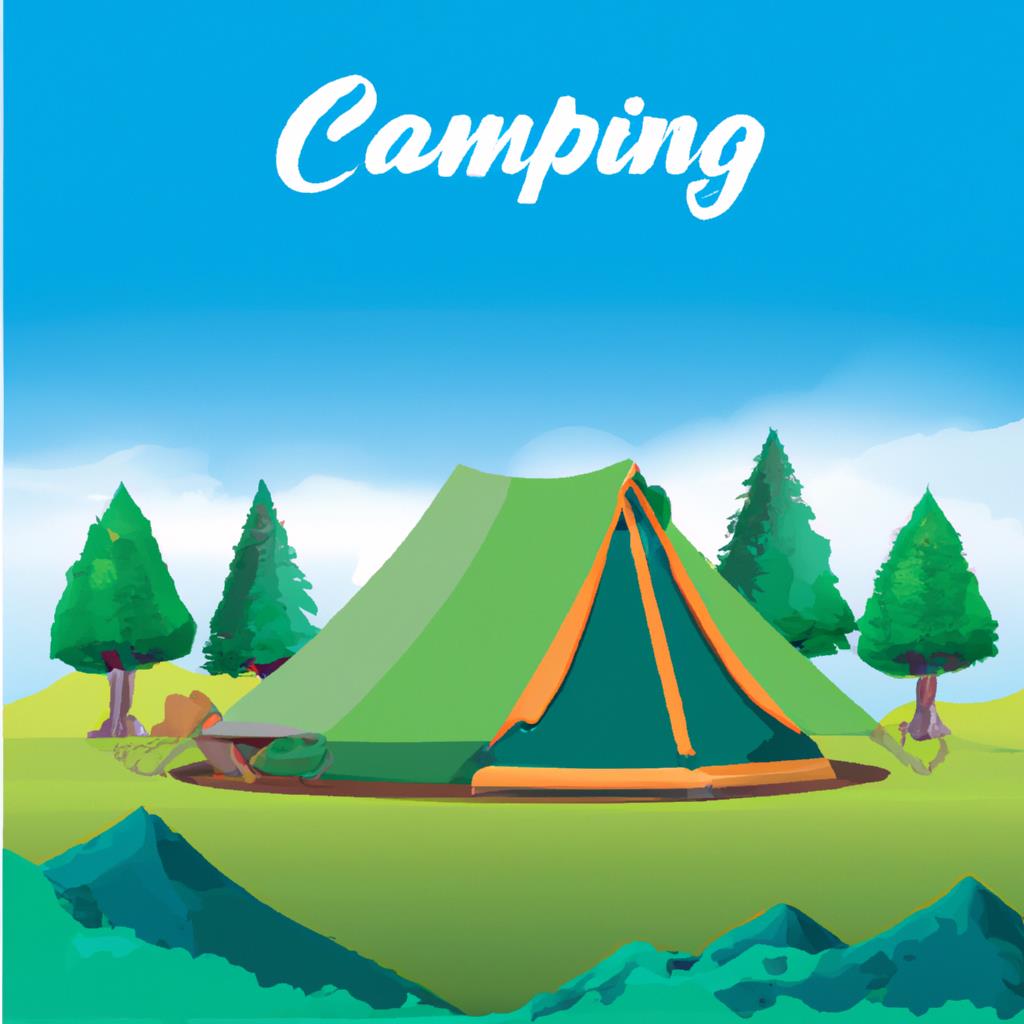A tenting and camping site with colorful tents pitched in a lush green forest. A campfire burns in the center with people roasting marshmallows. Trees tower overhead while a peaceful river flows nearby, completing the serene outdoor setting.