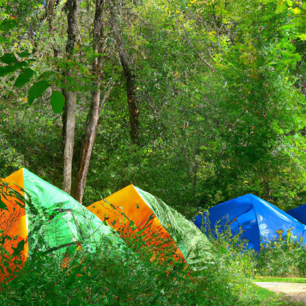 A-Frame tent nestled in lush forest with a crackling campfire nearby. Family roasting marshmallows under the open sky. Campsite with lanterns hanging from trees and sleeping bags neatly rolled up. Peaceful retreat in the great outdoors.