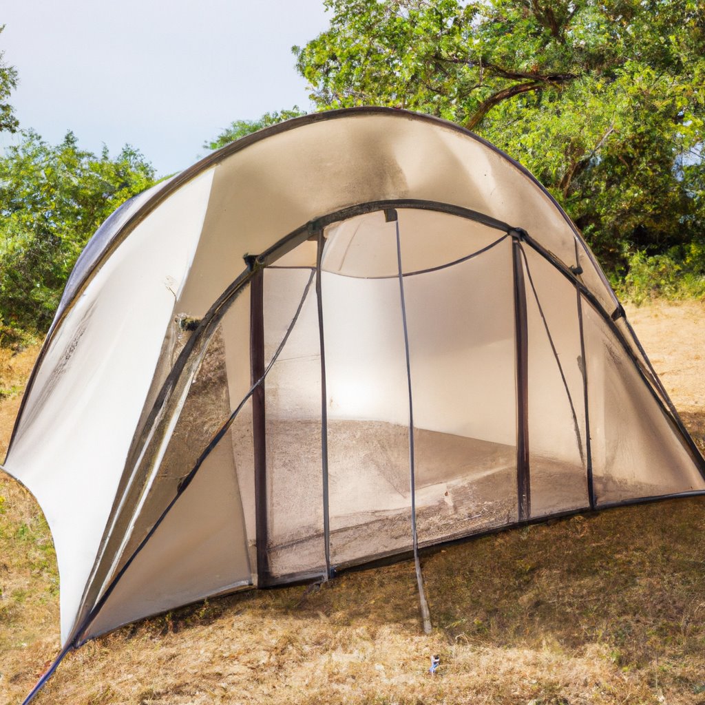 A tenting and camping site with colorful tents pitched on green grassy grounds under a clear blue sky, surrounded by tall trees. Campfire smoke rises in the distance as people enjoy nature and outdoor activities.