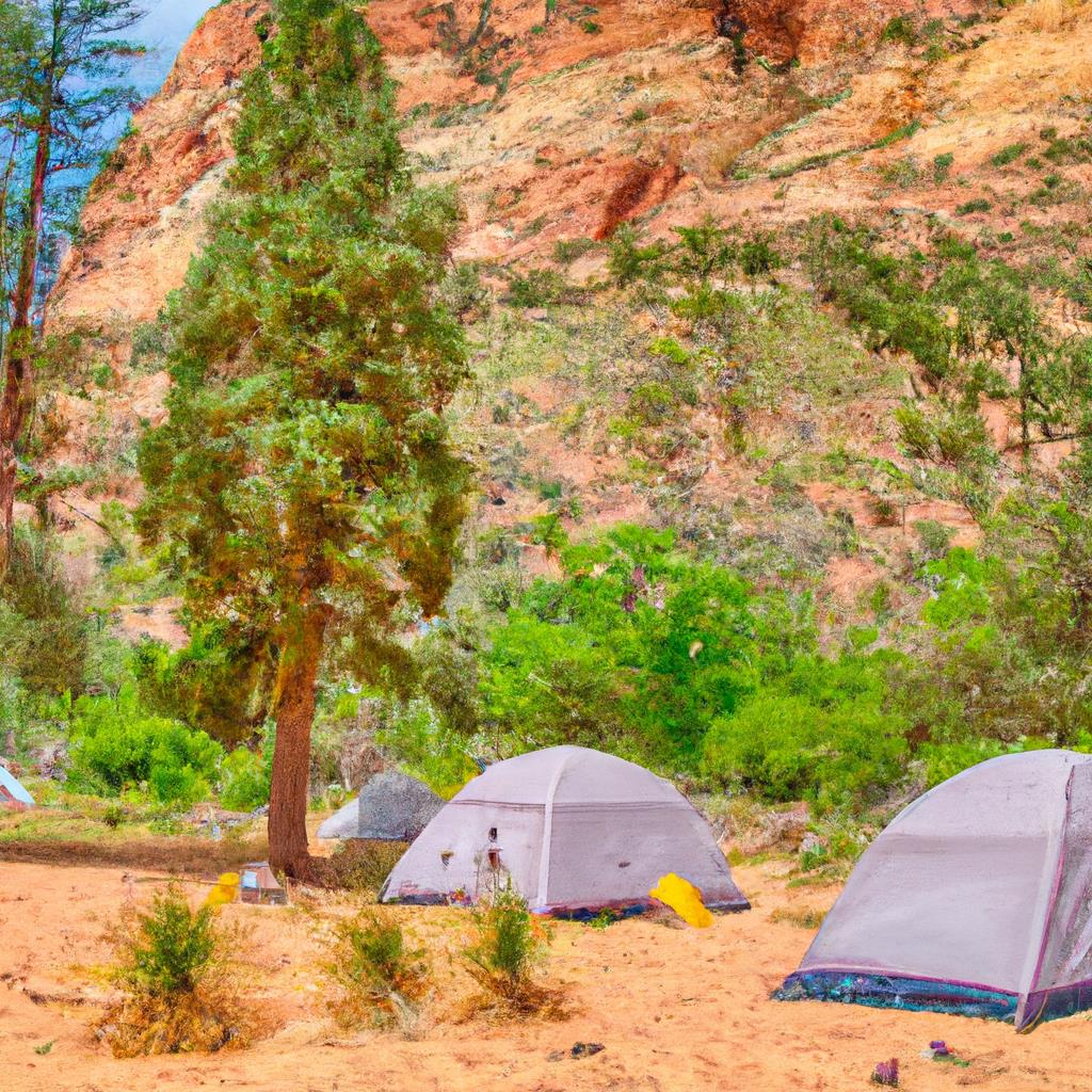 Two-person tent pitched in a forest clearing with a campfire burning nearby. Flashlight illuminates the side of tent. Sleeping bag visible inside. Camping chairs and supplies scattered around site. Clear sky with stars overhead.