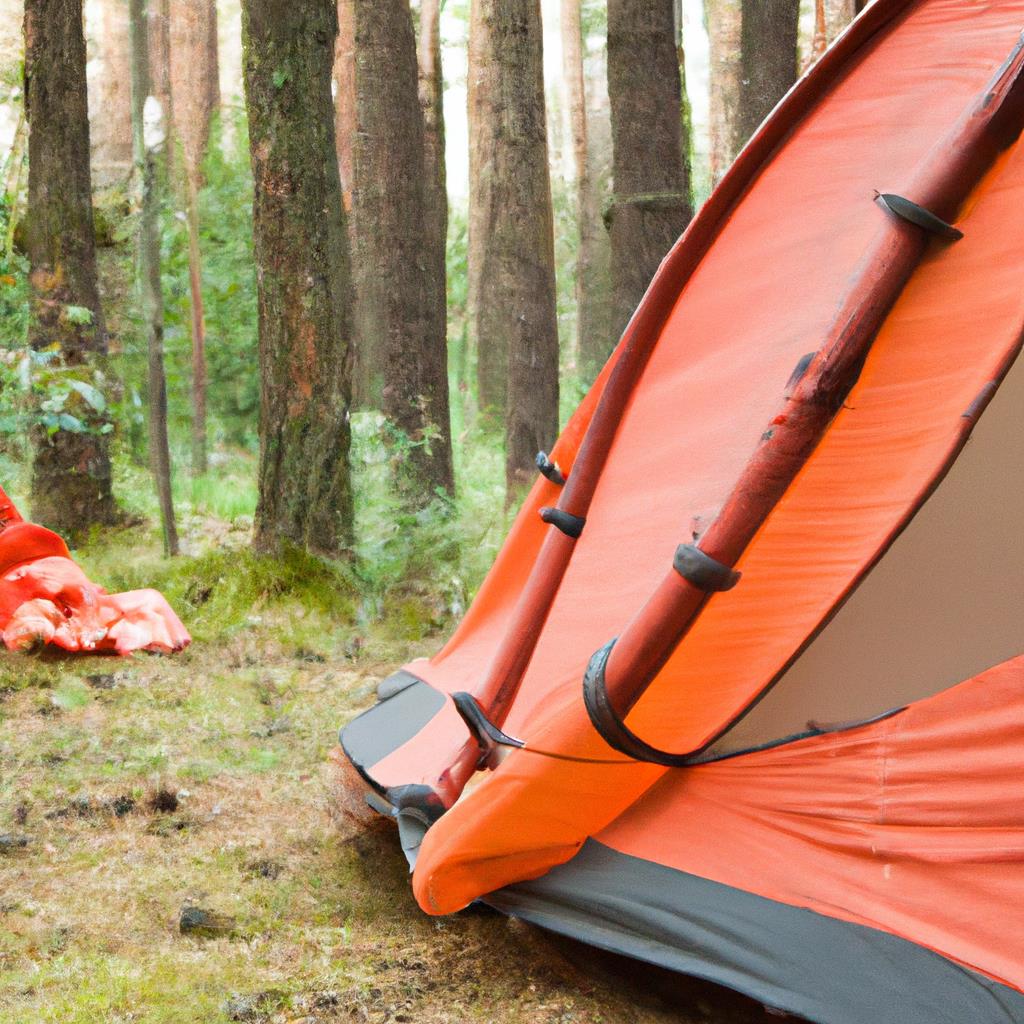 A cozy campfire burns in the center of a clearing at a tenting and camping site. Surrounding the fire are tents pitched on lush green grass with a backdrop of towering trees and a clear night sky overhead, filled with twinkling stars.