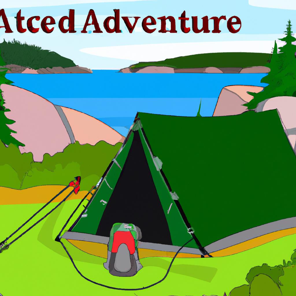 A campsite with tents pitched under a clear night sky, surrounded by trees. A glowing campfire in the center. Stars twinkling overhead and the silhouette of mountains in the distance. The perfect spot for a peaceful outdoor retreat.