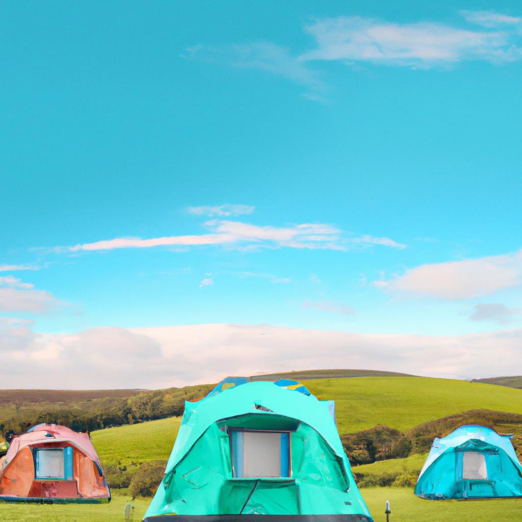 Two-person tent pitched on grassy camping site surrounded by towering trees and mountains in the background. Campfire crackling nearby, casting a warm glow on the cozy scene. Sleeping bags laid out inside tent, ready for a night under the stars.