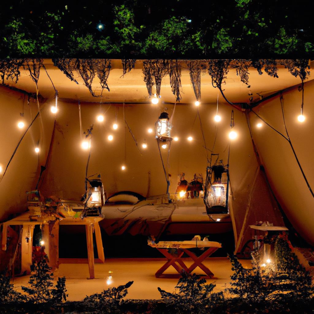 Group of people sitting around campfire at tenting and camping site, surrounded by tall trees. Smoke rising into the evening sky as they cook marshmallows. Tents are pitched on lush grass, with twinkling stars overhead.