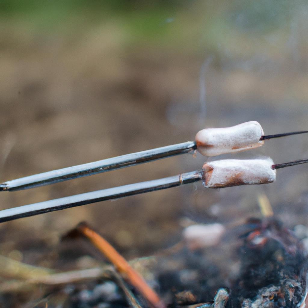 Tenting and camping site: a peaceful wilderness oasis under a starlit sky surrounded by towering trees. A flickering campfire casts a warm glow, illuminating cozy tents and sleeping bags. The smell of pine trees and crackling firewood fills the air.