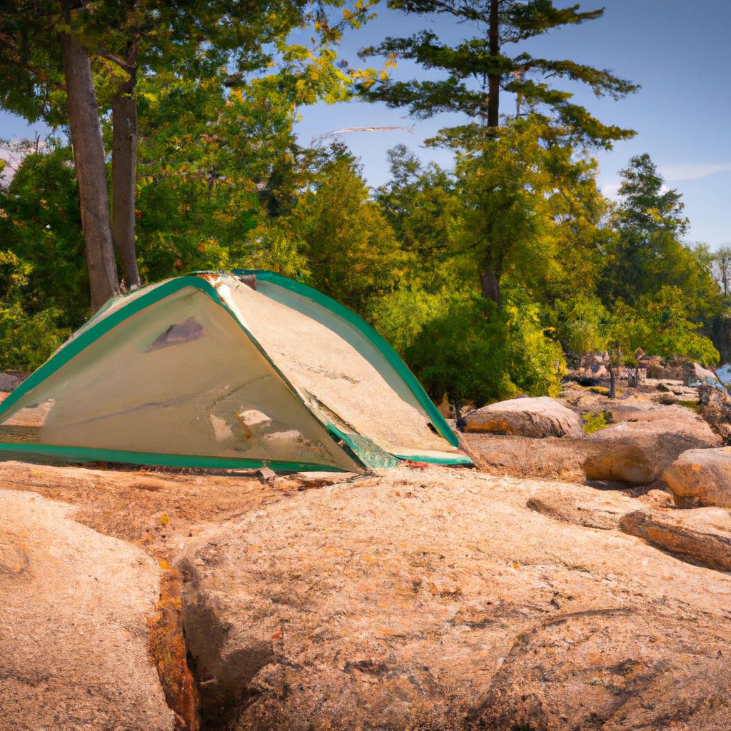 A tenting and camping site with a roaring bonfire surrounded by lush trees, a glistening lake, and picturesque mountains in the background. Tents are set up in a neat row, with campers enjoying a peaceful outdoor retreat.