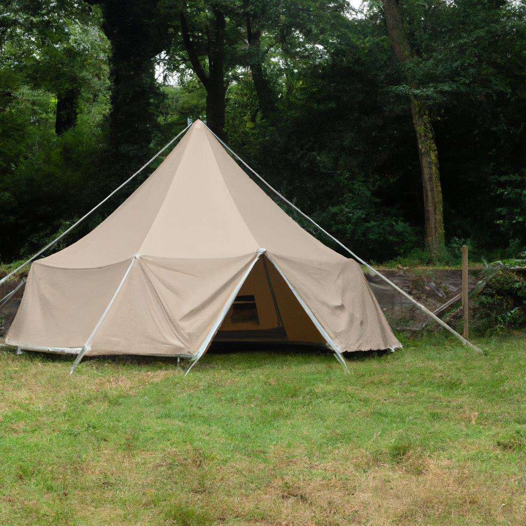 A simple tenting and camping site in the woods, surrounded by tall trees and a crackling campfire. A peaceful escape from the hustle and bustle of city life, with the sound of birds chirping and leaves rustling in the wind.