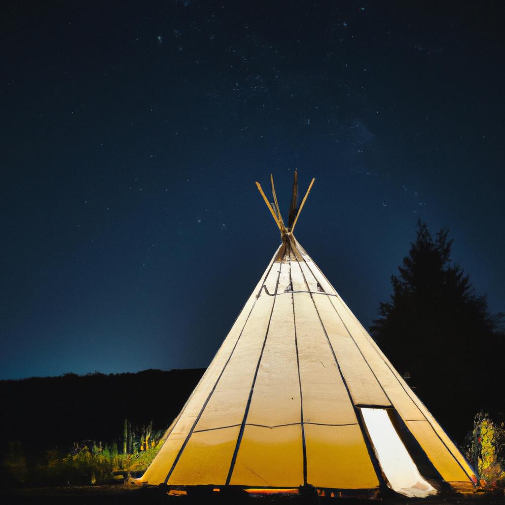 A tenting and camping site with lush trees and a clear blue sky. Campfires crackling, tents pitched, and people roasting marshmallows. A peaceful retreat in nature, with the sound of crickets chirping and the smell of pine trees.
