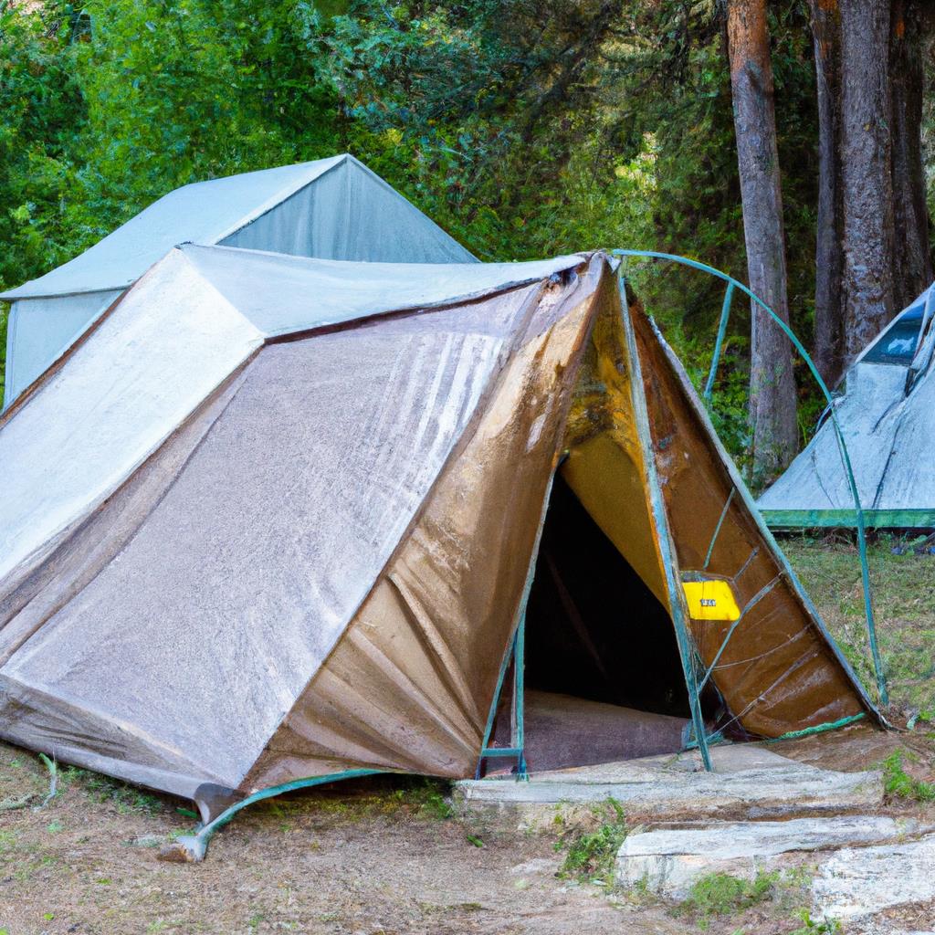 open field with multiple tents pitched and campfires burning, surrounded by trees and a flowing river. People relaxing, cooking food, and enjoying the outdoors. Bright stars illuminate the night sky above the peaceful tenting and camping site.