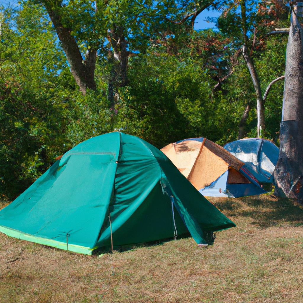 A-frames nestled among tall trees with smoke rising from campfires. Tents pitched on grassy knolls beside a shimmering lake. Families roasting marshmallows over crackling flames. Starlit skies casting a glow over cozy sleeping bags. Outdoor adventures await at the tenting and camping site.