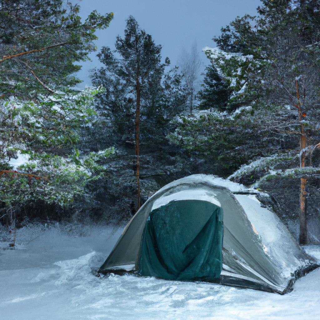A basic tenting and camping site with a roaring campfire, surrounded by towering pine trees and a peaceful river glistening in the distance. The sun is setting, casting a warm glow over the site, creating a serene and inviting atmosphere for outdoor enthusiasts.