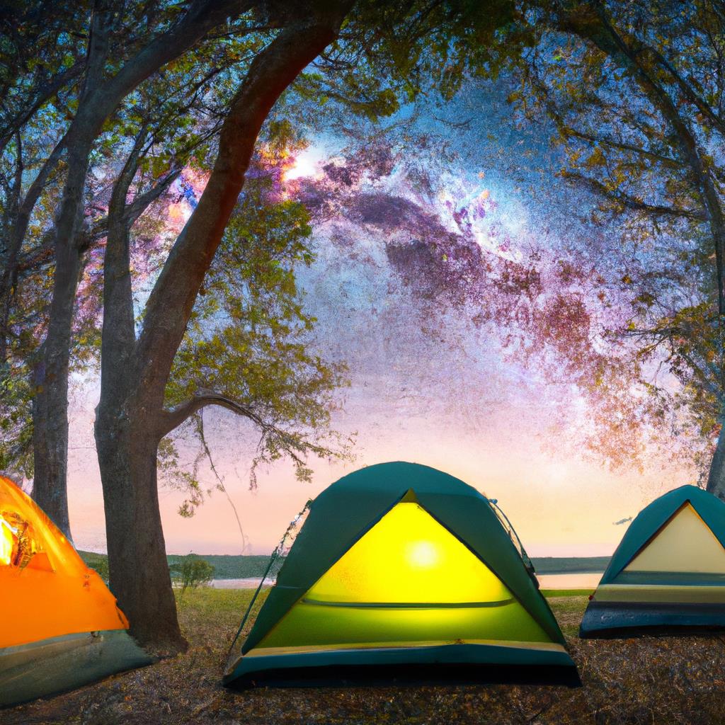 A peaceful campground nestled in the woods, with tall trees and a crackling campfire. Tents dot the landscape, while happy campers roast marshmallows and relax in nature. The sun sets behind the mountains, casting a warm glow over the scene.