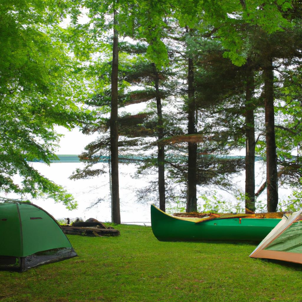 A wooden sign reading Tenting and Camping Site surrounded by lush trees and a clear blue sky. Tents pitched in the background with a crackling campfire and marshmallows on sticks. A serene getaway in the great outdoors.